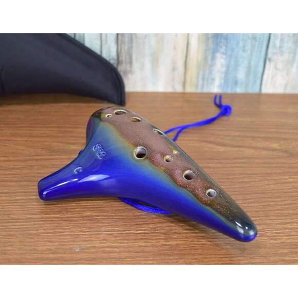 Other - STL Ocarina 12 Hole Alto C Ceramic Flute Blue Brown Earth Glaze w/ Case & Strap